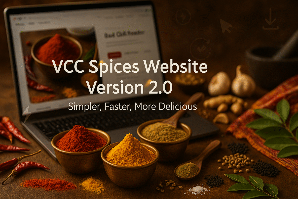 VCC Spices Website Version 2.0 – Simpler, Faster, More Delicious, showing authentic Indian spices.